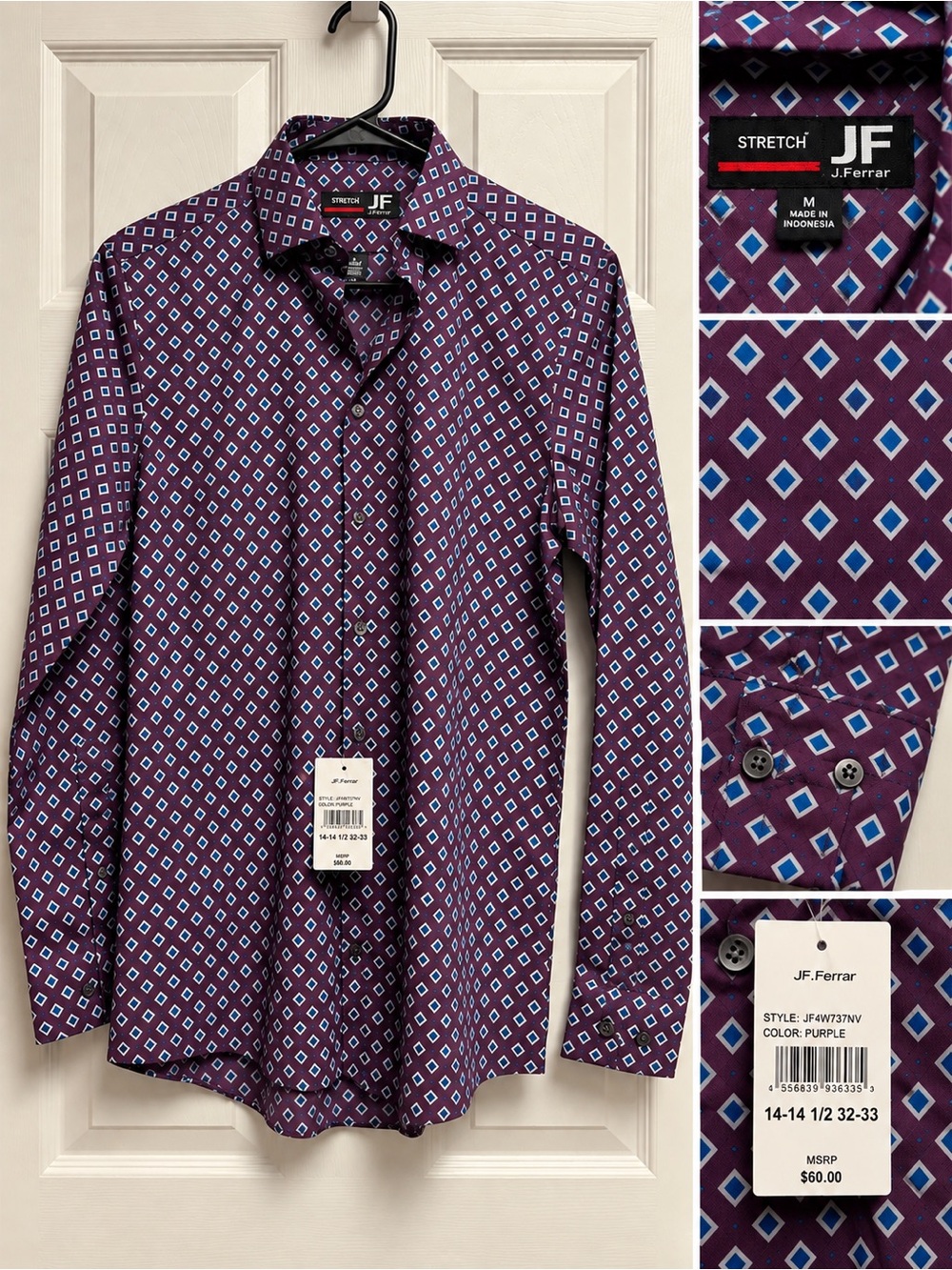 jf j.ferrar Purple Geometric Stretch Men's Dress Shirt